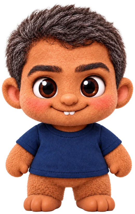 Shashi as a plush toy: salt-and-pepper hair, big brown eyes, two front teeth and a navy T-shirt